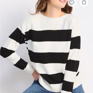 Faith & Zoe Striped Pullover Boatneck Sweater, Large, Black & White, Long Sleeve